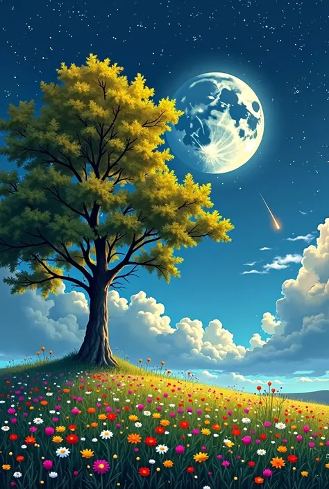 full moon night, starry sky, past a comet.flowery fields, big tree with yellow leaves 