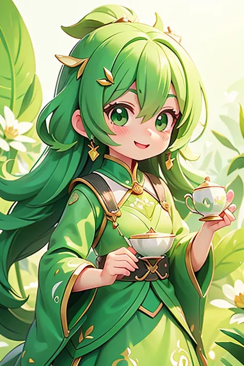 Tea leaves　green　Shiny　smile　character　Anime-style design　Highest quality ,masterpiece, figure, Very delicate and beautiful, wonderful, In detail, masterpiece,　Charm
