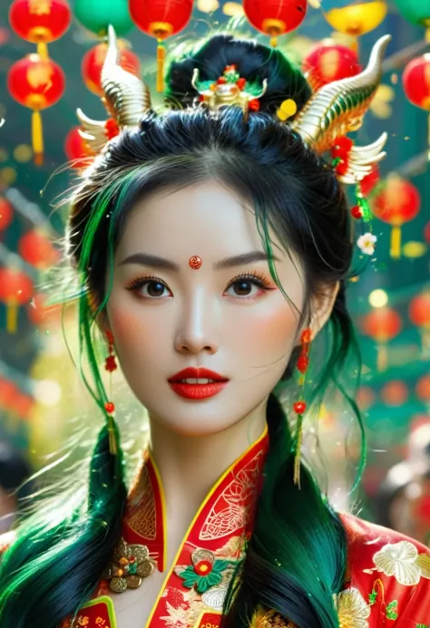 high quality, 8K Ultra HD, Surreal portrait of a stunning woman.
Chinese New Year has arrived，Oriental Dragon Close-up，big hairy head，Hairy body，green，color。Many gold coins are flying in the air，Red and gold confetti flying in the sky，Coin Rain，a festive a...