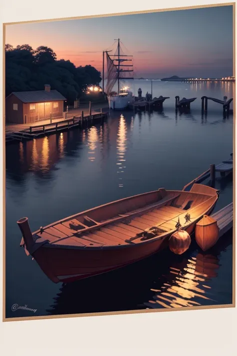 Painting of a boat and pier on the water at sunset, Detailed painting 4k, Calm Night, Detailed Landscape — Width 672, Calm Night atmosphere, Painted in an anime artist&#39;s Studio, by Kobayashi Kiyochika, Beautiful Art UHD 4K, Makoto Shinkai&#39;s Style, ...