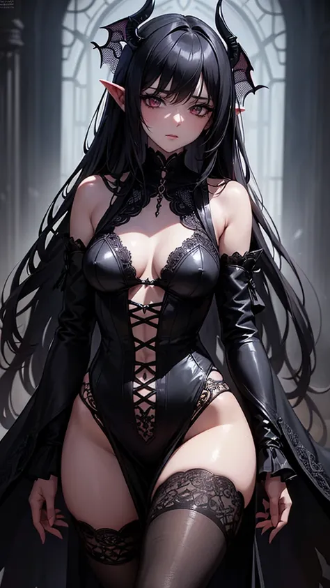 ((Intricate details)),Dark Fantasy (/style/), GLOOMY AMBIANCE, (Beautiful succubus girl, Long hair), (Sexy black lace outfit), (Expression) , Soft colors, Clear focus, Movie, (Walking posture, Dynamic poses), Popular on artstation, (Ed Blinky&#39;s magnifi...