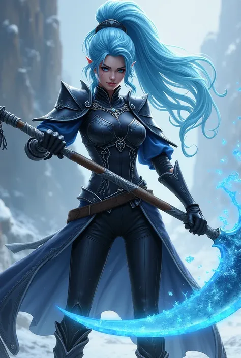 A girl with glacier coloured hair which is also hight pony tail as if its a tail of a dragon. Holding a giant ice scythe in a layered black suit for traveling and fighting.