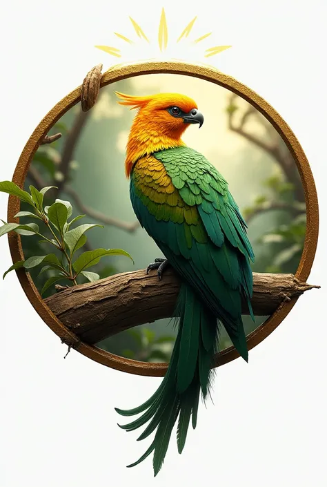 A circular logo that has the image of a golden Quetzal