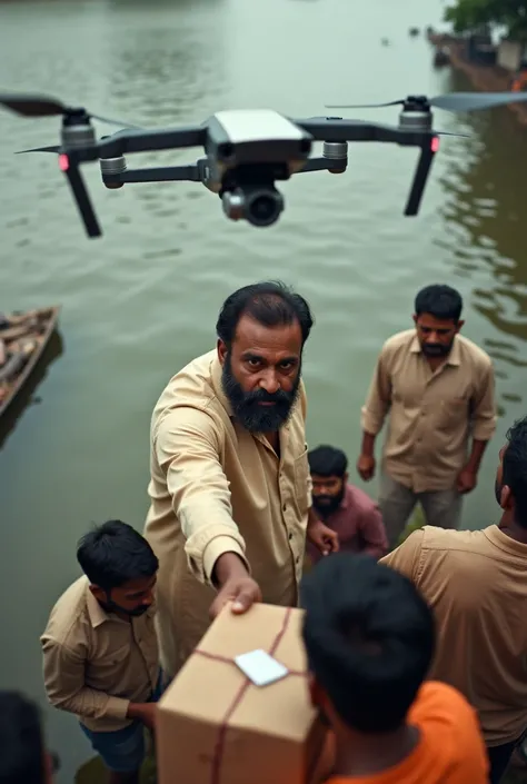 Pavan Kalyan image taking food package in flood water from drone