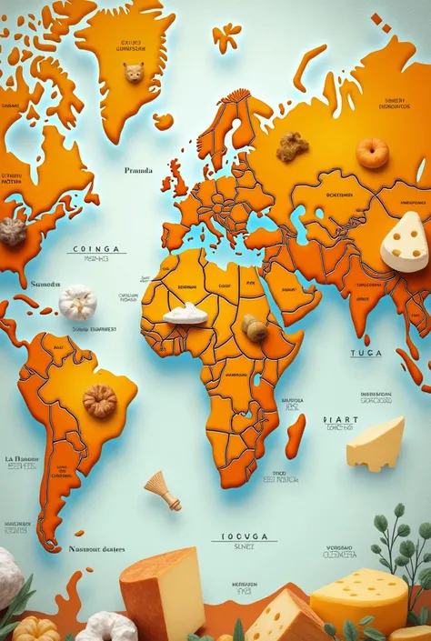 An illustrative map of cheeses in the world specifying region, city and country
