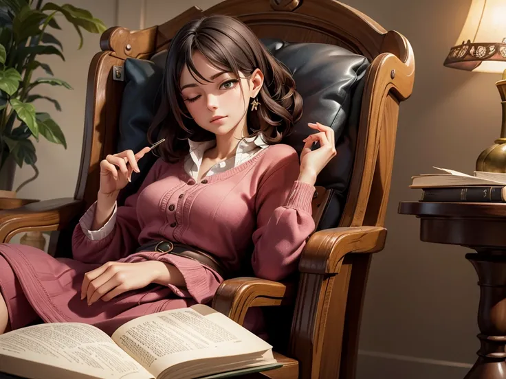 A woman sitting in an old armchair and dozing off while reading a book