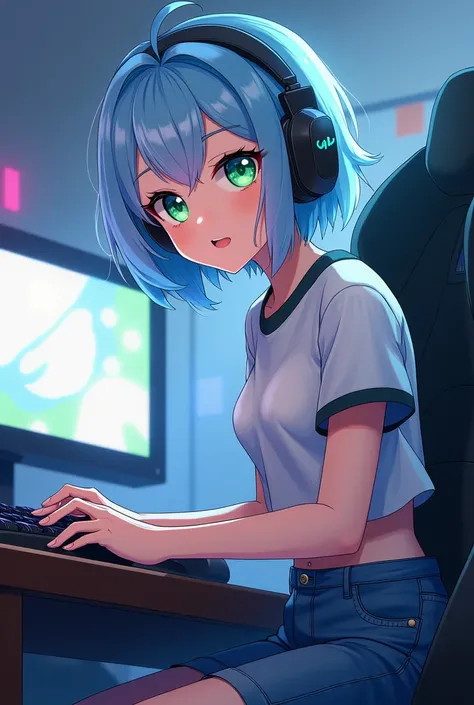 name: Aiko TanakaIdade: Appearance: Aiko has short, light blue hair., with a modern and casual style. Your eyes are big and expressive, with a vibrant green color. She usually wears comfortable and casual clothes., like gaming t-shirts and jeans, and is kn...