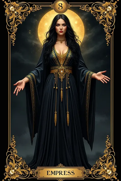 tarot card, the empress, with long black hair, black card with gold