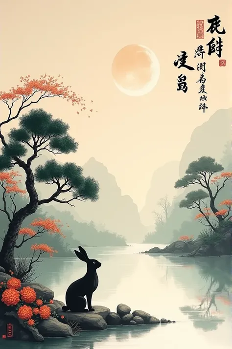 With traditional ink painting as background，Show landscape、moon、osmanthus tree、Jade Rabbit and other elements。The title text is Happy Mid-Autumn Festival and can be written with a brush，Increase the sense of traditional culture。