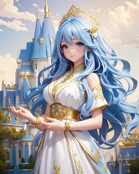 Blue long wavy hair, White and gold gorgeous long dress, Floral embroidery, Gold fabric belt, Gold Bracelet, Blue flower hair accessory, Standing posture, Hands gently placed on the globe, Looking beyond, Smooth and fair skin, Outdoor fantasy scenery, Cast...