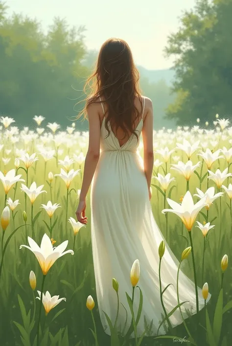 painting-like, a field of lilies. A woman with loose brown hair, white gown.