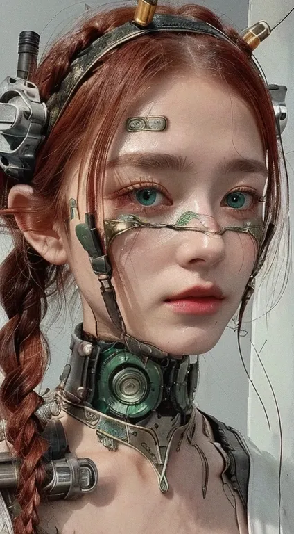 intricate metallic headband and neck gear and natural green eyes, red braided hair, Futuristic design with exposed wiring, Industrial elements, light and minimalist background, Soft lighting, Sci-fi and cyberpunk atmosphere.