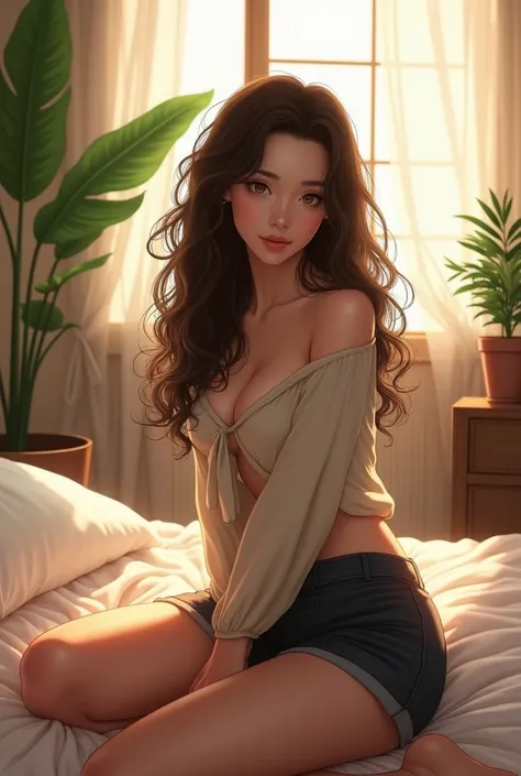 (photorealism:1.2), beautiful Japanese woman, sitting on bed, wearing loose off-shoulder top, short skirt, long curly hair, indoors, soft lighting, plants in background, window with sunlight, cozy room, erotic pose, realistic, intricate details, warm color...