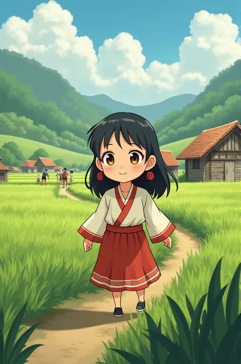 "A quaint, serene village with small houses surrounded by green fields. A six-year-old girl with bright eyes, wearing traditional clothes, is playing near a field with her parents working in the background."