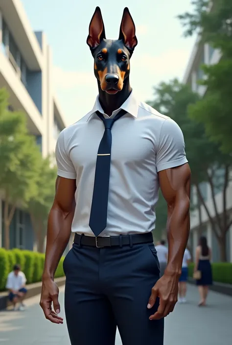 If a male Doberman change into a hot men wearing Thai male university student uniform how would it be like (human head not dog head)