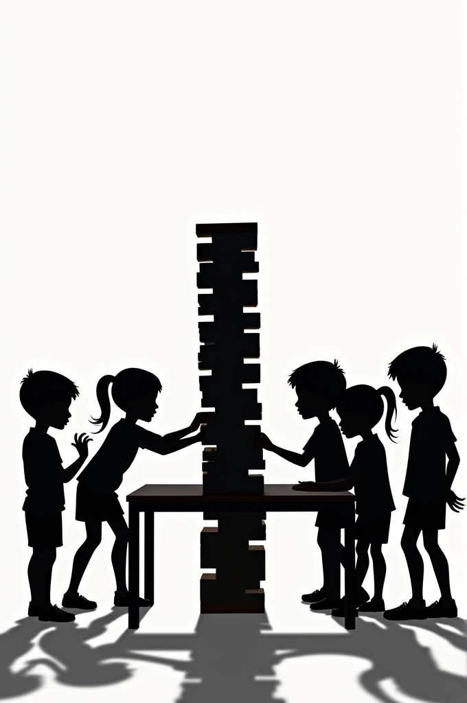 Silhouette of boys and girls playing yenga at a table