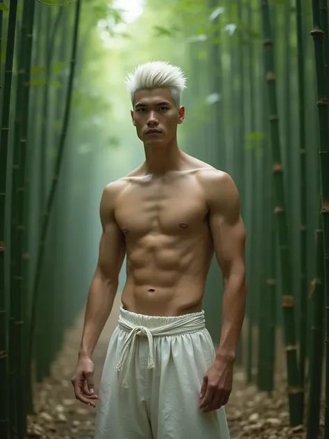 young man(20)Jinbe with white two-block hair, Wearing only Jinbei pants, Upper part bare., small, white skin, Show off your beautiful figure, bamboo forest background, Muscle division,
(((Hyper-realistic photography))) (((Textile shading))) (((best quality...