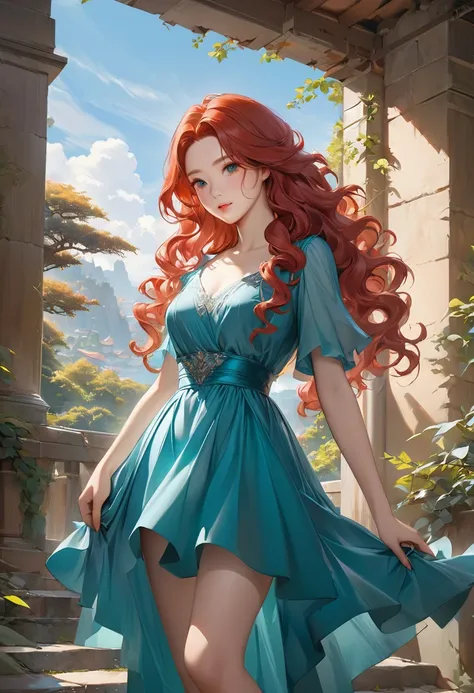 a painting of a woman in a teal dress, a photorealistic painting, by Russell Dongjun Lu, fantasy art, flat anime style shading, anime girl with long curly hair, redhead girl, high detailed)