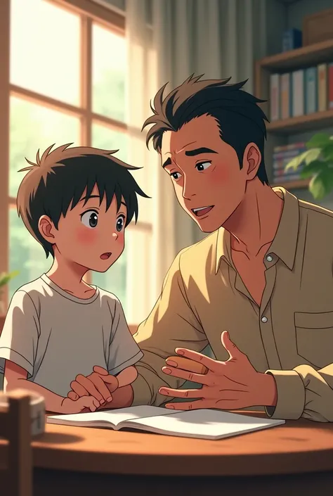 A father explaining something to his son in anime style
