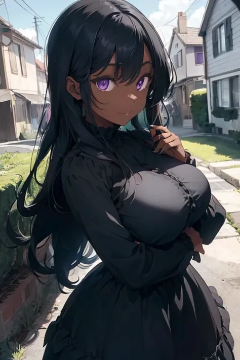 1 female, darker skin, huge breast, green long hair, black nails, black long sleeve dress, purple eyes, gothic house, dolls, happy face