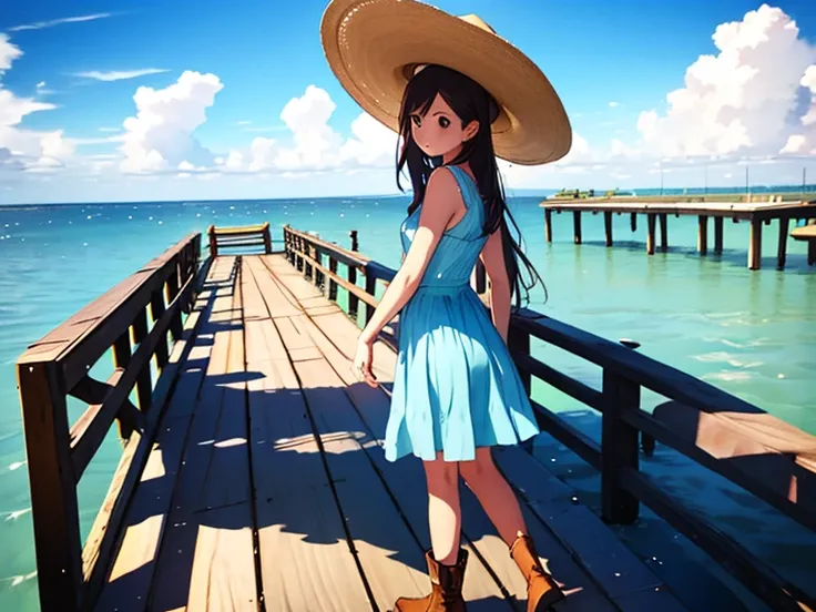 straight long hair, have、parasol, light blue dress, brown boots, straw hat,casual clothing, relaxed pose, (((standing on a woode...