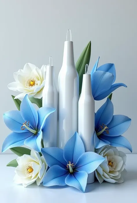 Bouquet of white cartridges with white jasmines, blue lilies and blue tulips 