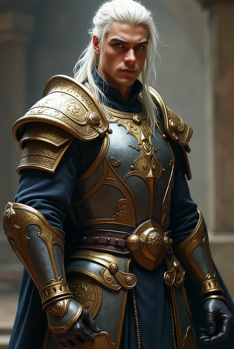 handsome and strong young man, brown skin, long white hair and tied up, with armor and light blue eyes, with 25 years