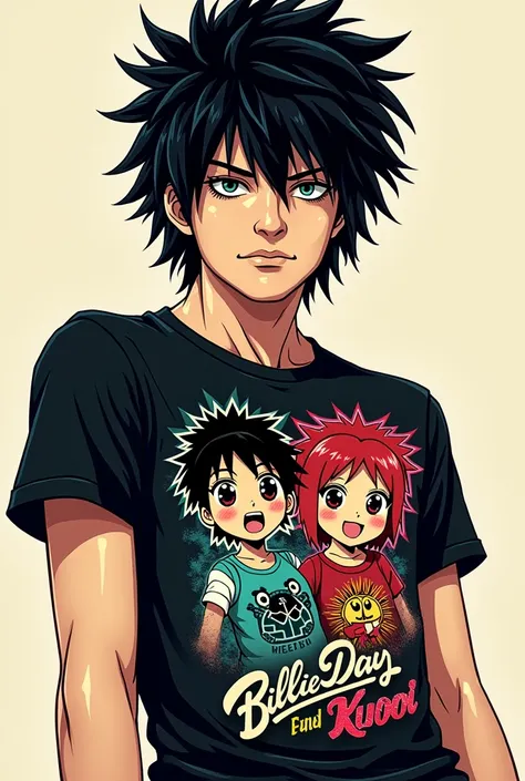 Billie Joe with a Kuromi and Pochaco anime-style character t-shirt