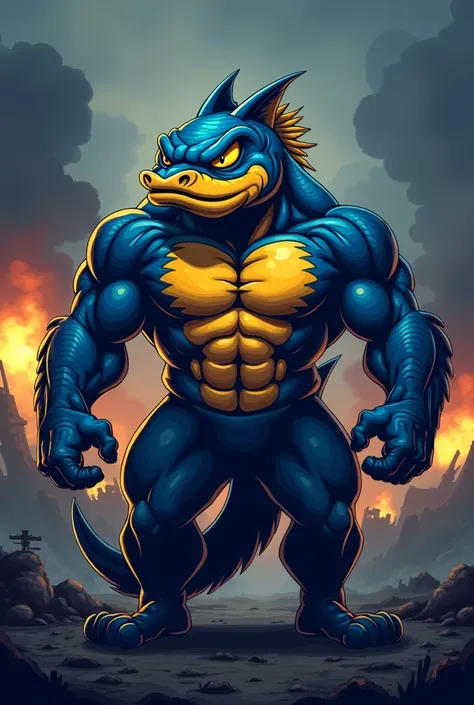 Mascot Muscular catfish fish with closed mouth in dark blue yellow color with war background 