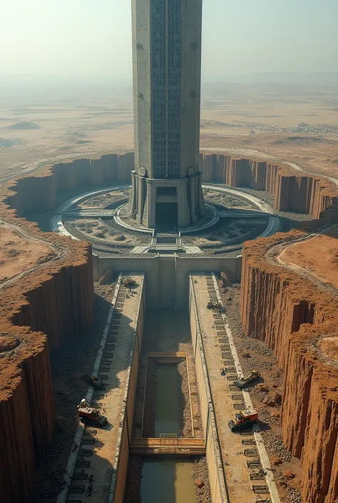 Construction of the foundation of a giant building, seen from above 
