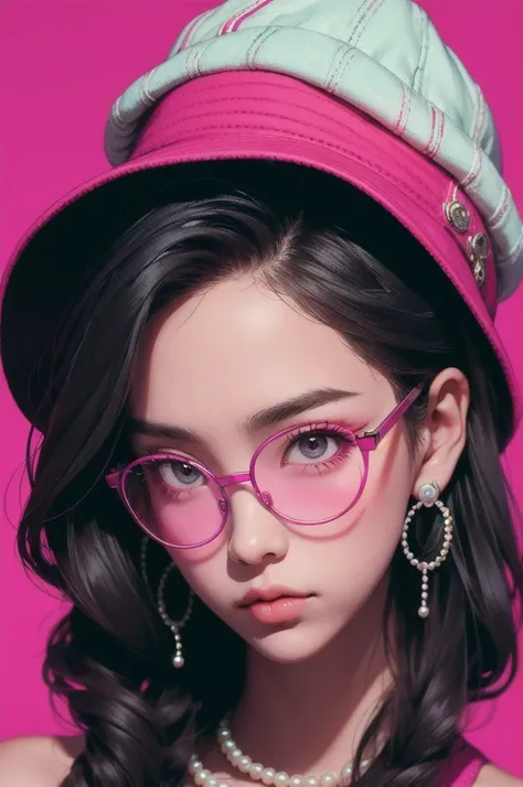 masterpiece,best quality,1man,saibo,cyberpunk,hat,earrings,glasses,simple background,magenta background,pearls and jewels,