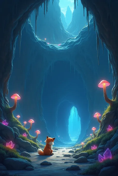 Landscape, Anime art style, Huge dungeon like cave, with a sad, weak, frail body fox on left side