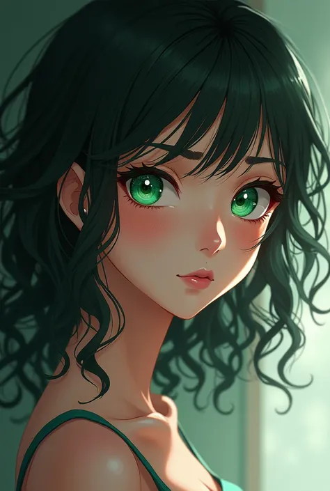 an anime girl, curly, greeneyes, a little dark, no clothing, new.