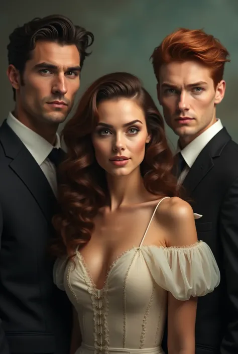 A soap opera cover, a beautiful woman with curly brown hair and a red-haired woman with short hair and two very handsome men 