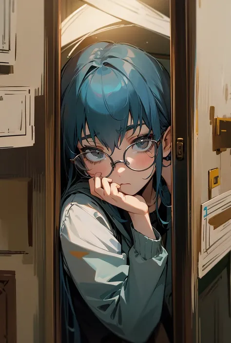  Young adult with glasses sad , pensive and restless in a room 

