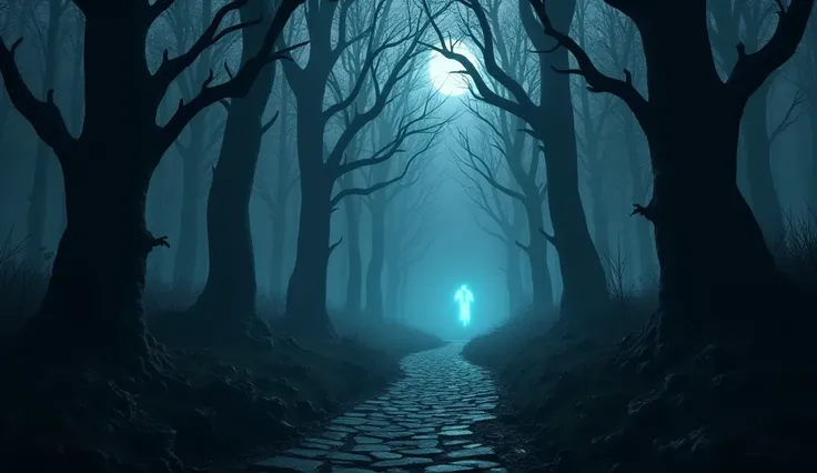 Draw a narrow, gloomy path that winds through a dark and sinister forest. The trees on both sides of the trail are twisted and deformed, with sharp, claw-like branches. In the gloom, ghosts and ethereal figures glowing blue emerge from the trees, barely vi...