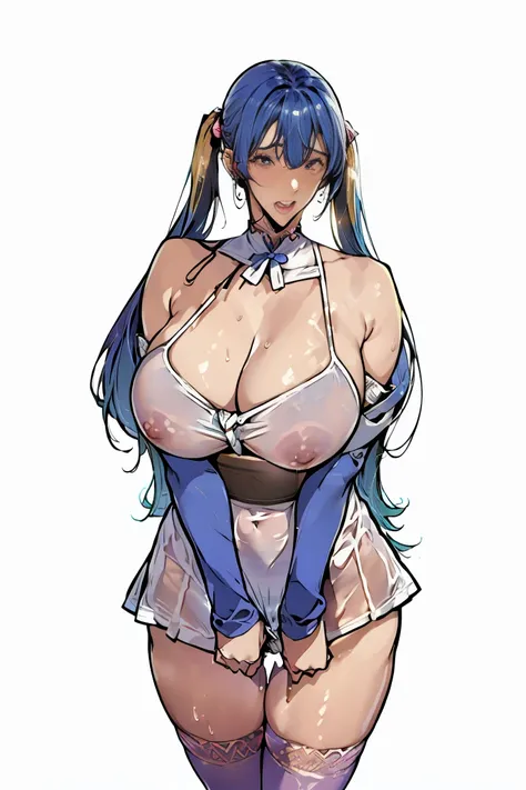 1girl, breasts, female pubic hair, pubic hair, thighhighs, blush, blue eyes, ((, bikini ,huge breast:1, coboy shoot ((revealing clothes, ((see-trough)), twintails, detailed eyes, oval face)))), blue hair, long hair, open mouth, sweat, huge breasts, nipples...