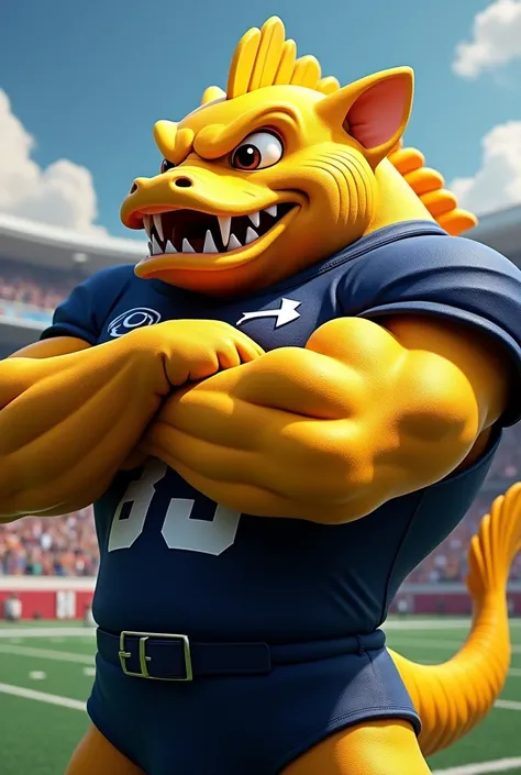 Muscular yellow navy blue catfish fish mascot 