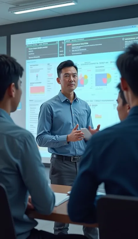 An online tutor teaching a group of male students on a virtual classroom platform, with bright visuals of notes and diagrams appearing on screen.