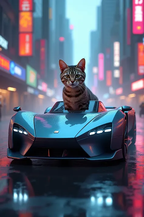 Cat with super car