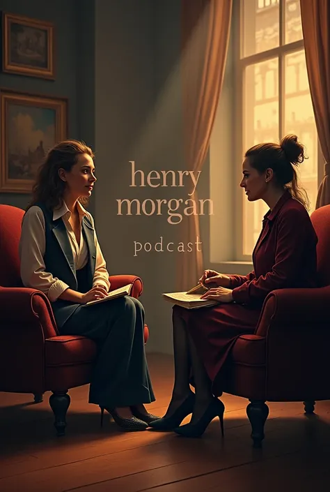 Podcast Two women sitting on armchairs with a distant middle distance, Talking about the pirate Henry Morgan and one of them is an expert in his history and also in the middle of the image it says “Henry Morgan podcast”