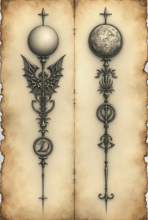 create two simple drawings of ancient vampire runes on old paper in pencil strokes with a connection to the moon that complement each other 