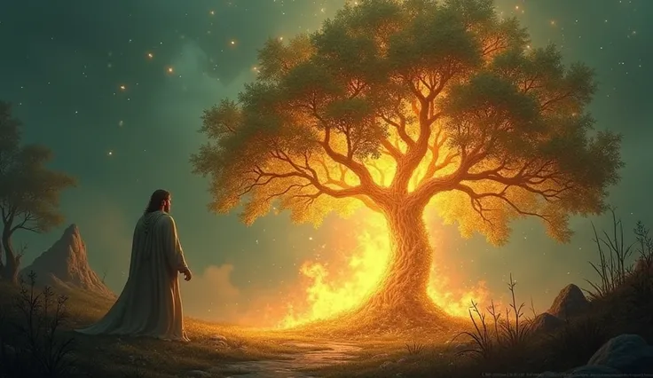 A glowing bush burning without being consumed, with Musa standing in awe, and a divine light shining from it.
