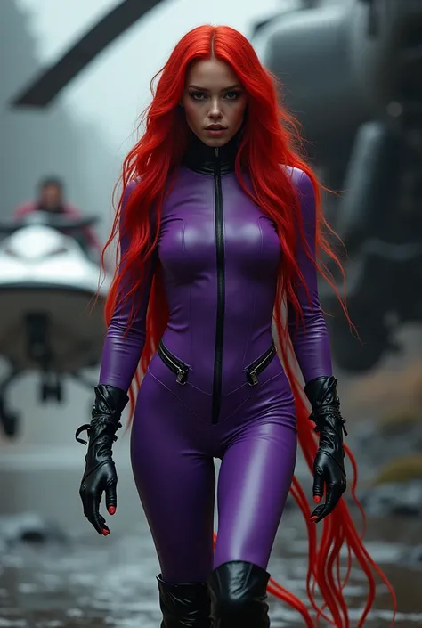 (((Purple leather jumpsuit))),(((frontal images))),(((una Beautiful red hair woman extensamente largo hasta los pies))),(((Una Beautiful red hair woman extensamente largo veinticinco pies de largo bajo el manto de medusa))),((( in purple leatherette))),(((...