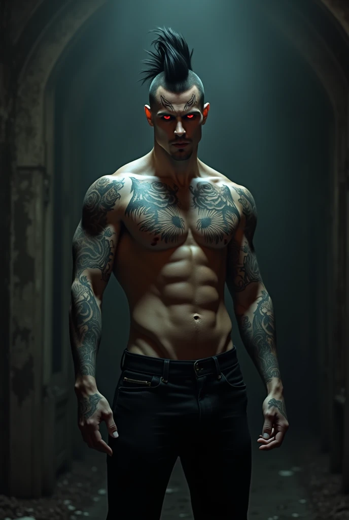 vampiro forte e bonito wearing no shirt, alluring face. Eyes red, wearing no shirt. black mohawk, shaved on the sides. rose tattoos on sides of head. black pants. 