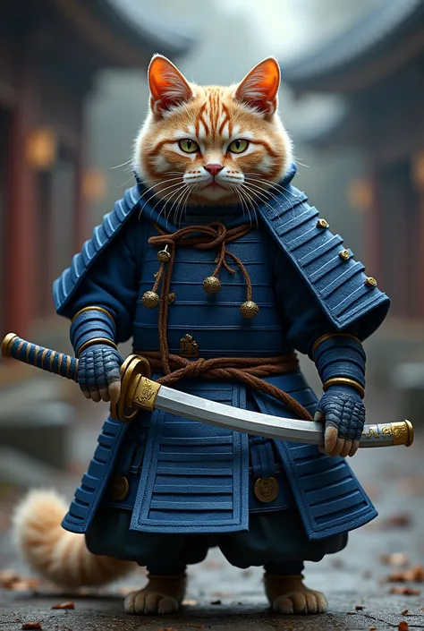 A cat dressed as a Sengoku warlord　He is wearing blue armor and holding a Japanese sword.　I&#39;m slightly crouching