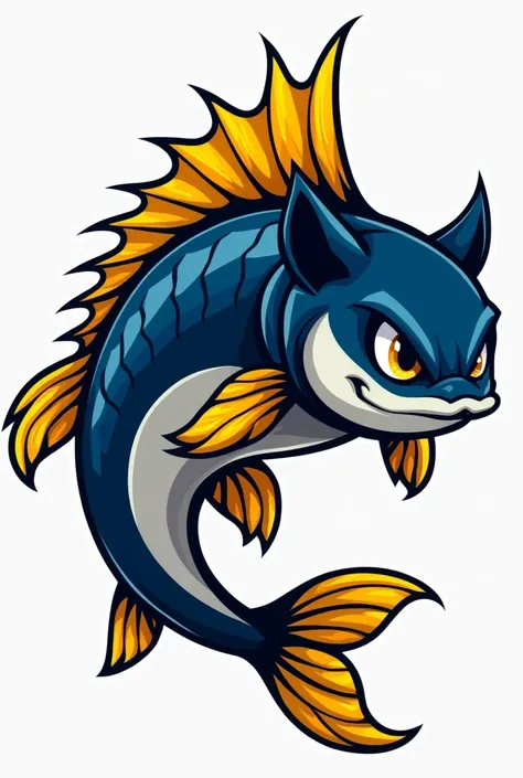 Catfish mascot with muscular fins, yellow, navy blue, closed mouth 