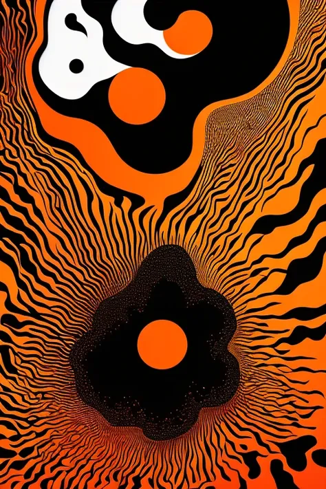 Abstract representation of a volcanic eruption with geometric shapes, featuring a vibrant orange background, contrasted with black and white forms, and a large orange circle representing the sun.