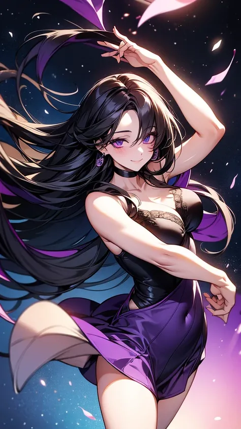 8k resolution,((Highest quality)),Ultra-high resolution,Adult women, alone, sexy, (Mysterious Smile), (Deep purple eyes), Beautiful and symmetrical face, (Medium black hair),Elegant purple long dress,Purple long skirt,Realistic:1.4,Realistic:1.4,(masterpie...