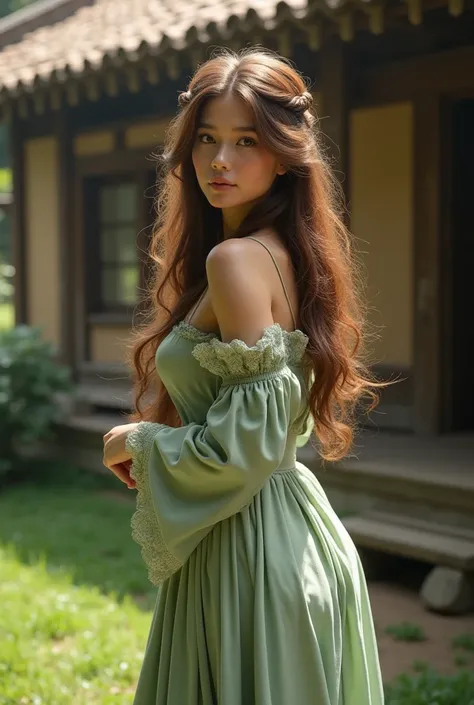 A dear humanoid woman in her late 20s having having light brown eyes, chestnut brown voluminous hair that reaches her lower back, great physique, great beauty, wearing a light green traditional medieval dress 